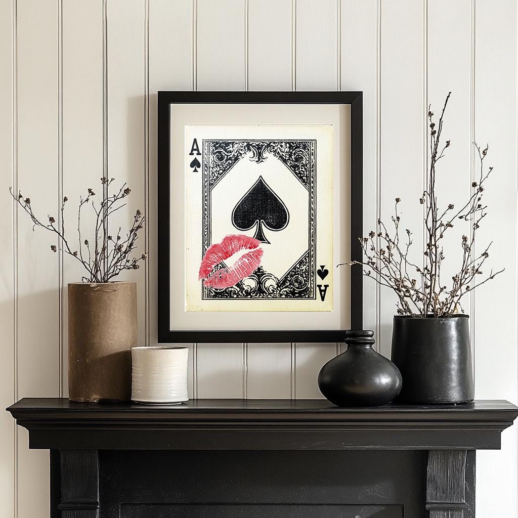 Playing Card Wall Art, Ace of Spades Print, Trendy Retro Kiss Lips