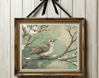 Vintage Bird Print, Winter Snow Watercolor Painting, Green Wall Art, Retro Songbird Decor, Rustic Botanical Home Decor, Digital Art Download