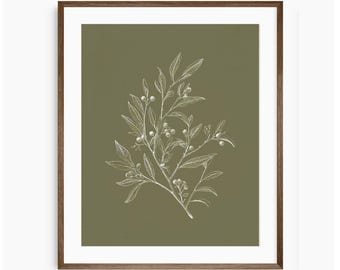 Olive Green Botanical Print, French Country Wall Art, Cottagecore Home Decor, Farmhouse Wall Decor, Digital Download