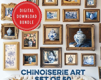 Art mural chinoiseries bleues, ensemble mural de galerie, pot de gingembre imprimable, décoration d'intérieur bleu et blanc, lot d'impressions numériques, téléchargement numérique