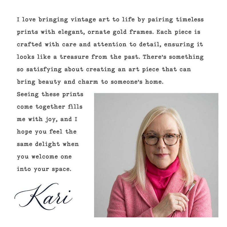 a woman with blonde hair wearing a pink jacket and holding a paintbrush. The text in the image describes the woman as a vintage art piece, and it mentions that she is a gold frame. The woman is shown in a close-up shot, and the image is described as a collage of multiple images.