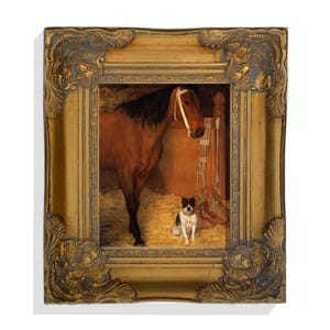 Pferde und Hund, Vintage Pferdedruck, Leinwanddruck, Antiker Stil Pferdewanddekor, Goldgerahmte Vintage Kunst, Goldrahmen inklusive