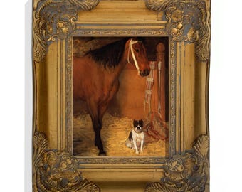 Horse and Dog Print, Vintage Horse Wall Art, Canvas Print, Antique Style Horse Wall Decor, Gold Framed Vintage Art, Gold Frame Included