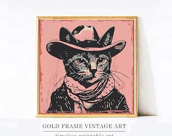 Cowboy Hat Print Pink Cat Prints Square Wall Art Prints Digital Girl Room Decor Cowgirl Printable Barn Art Farmhouse Decor Apartment Decor