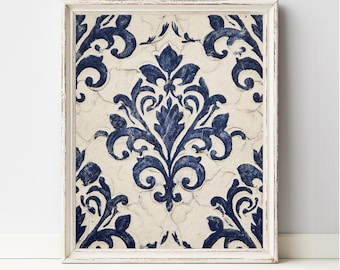 Navy Blue Botanical Print, Heritage Home Decor, French Country Farmhouse Wall Art, Indigo Dark Blue Maximalist Artwork, Digital Art Download