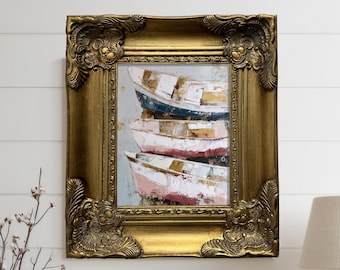 Coastal Wall Art, Oil Painting on Canvas, Boat Wall Art, Original Painting, Handmade Nautical Art, Gold Frame, Framed Art, Lake House Decor