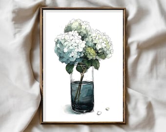 Blue Hydrangea Flower Print Watercolor Painting Summer Floral Home Decor French Country Farmhouse Botanical Printable Wall Art White Flowers
