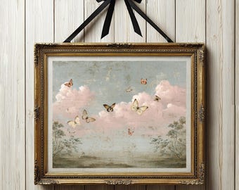 Vintage Butterfly Print, Beautiful Sky Printable Wall Art, Cottagecore Pink Cloud Poster, Whimsical Digital Download, Girls Nursery Decor