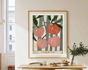 Tomato Vine Folk Art Print, Vintage Kitchen Wall Decor, Rustic Farmhouse Botanical Painting, Retro Garden Art, Digital Print Download