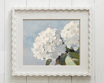 Framed Print, Blue Hydrangea Flower Wall Art, Floral Botanical, Scallop Frame, Cottage Home Decor, Ready to Hang, Blue and White, Gift