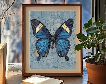 Vintage Blue Butterfly Wall Art Print, Blue Wall Art, Cottagecore Girls Room Decor, Digital Download, Blue Butterfly Art, Digital Download