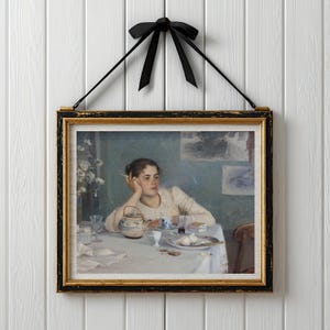 Printable Wall Art Digital Print Painting Antique Art Woman Smoking Cigarette Breakfast Print Wall Art Wall Decor Light Blue Wall Art