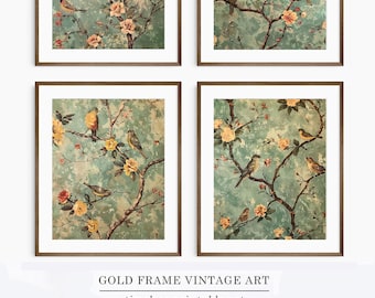 May include: Four framed vintage art prints. Each print features a teal background with a floral and bird design. The frames are brown. The text at the bottom reads "GOLD FRAME VINTAGE ART" and "timeless printable art".