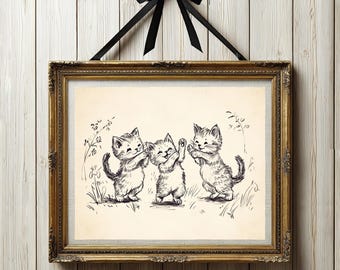 Kitten Wall Art Kittens Sketch Nursery Printable Art Print Neutral Cottagecore Whimsical Decor Antique Animal Printable Cat Wall Art Poster