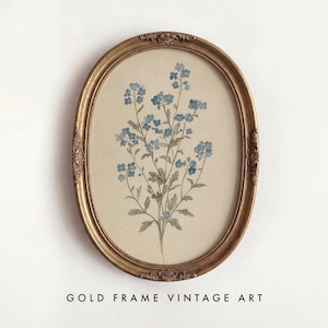 May include: An oval-shaped gold frame with ornate detailing containing a botanical illustration of blue flowers with green leaves on a cream-colored background. The text GOLD FRAME VINTAGE ART is printed in black at the bottom of the image.