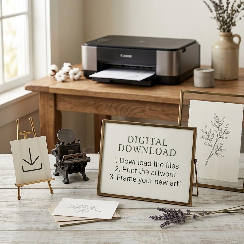 May include: A gold-toned metal frame displaying a white sign with the black text DIGITAL DOWNLOAD, 1. Download the files, 2. Print the artwork, 3. Frame your new art! Next to it is a small gold easel with a download icon and a second frame.