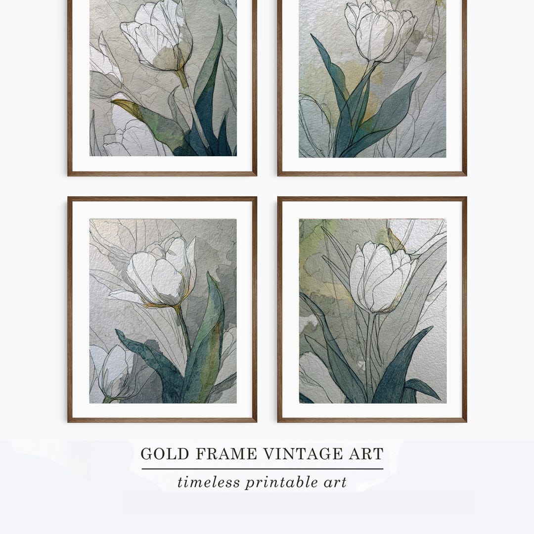 Tulips Tulip Wall Art Set Summer Botanical Watercolor Sage Green Wall ...