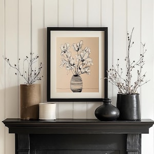 Minimalist Modern Home Printable, Neutral Botanical Floral Art Print, Abstract Flower Vase Wall Decor, Digital Download, Living Room Decor