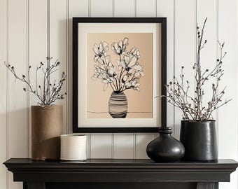 Minimalist Modern Home Printable, Neutral Botanical Floral Art Print, Abstract Flower Vase Wall Decor, Digital Download, Living Room Decor