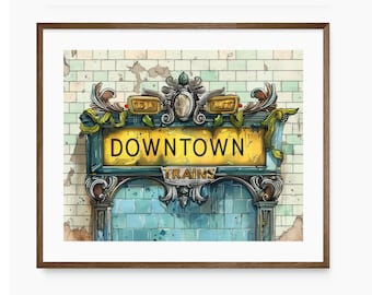 NYC Wall Art, Subway Art Print, Downtown Trains Mosaic Tile Sign, New York Underground Wall Decor, Manhattan Apartment Decor, Retro Poster