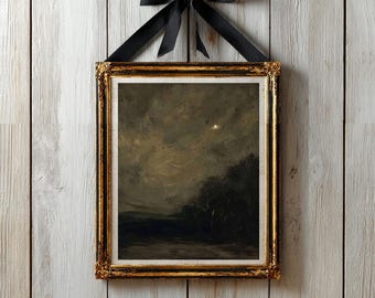 Dark Moonlit Forest Art Print, Vintage Nature Landscape, Printable Moody Wall Art, Rustic Decor Night Painting, Digital Art Download