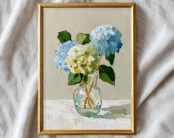 Estampado de hortensia azul, pintura al óleo, decoración floral otoñal para el hogar, estilo rústico francés, arte mural botánico imprimible, flores blancas
