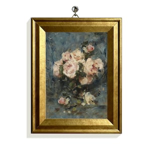 Print of Small Oil Painting Mini Framed Art Canvas Prints Wall Decor Antique Vintage Rose Print Antique Flower Print Pink Roses Gold Frame