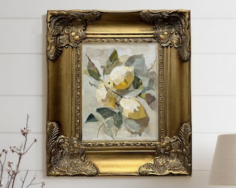 Zitronen Malerei, impressionistische Ölmalerei auf Leinwand, handgemachtes Original Ölgemälde, Küchenkunst in Goldrahmen, Stillleben, Zitronen Wandkunst