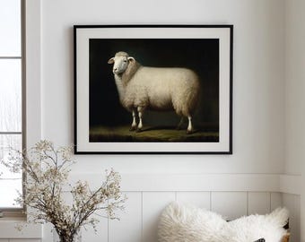 ヴィンテージの羊のプリント、クラシックな油絵スタイルの動物アート