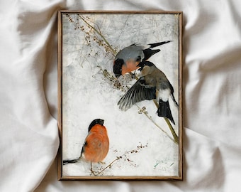 Vintage Bird Print, Winter Snow Watercolor Painting, Green Wall Art, Retro Songbird Decor, Rustic Botanical Home Decor, Digital Download