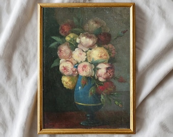 Impressão de arte em óleo com estampa de peônias vintage, flores da primavera, para decoração de parede. Estampa de peônia antiga, flor rosa, estilo cottagecore. Baixe agora mesmo!