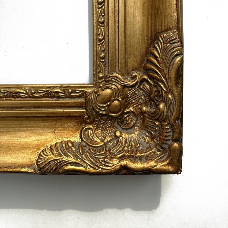 an ornate, gilded frame with intricate designs and patterns, including a decorative floral motif on the corner.