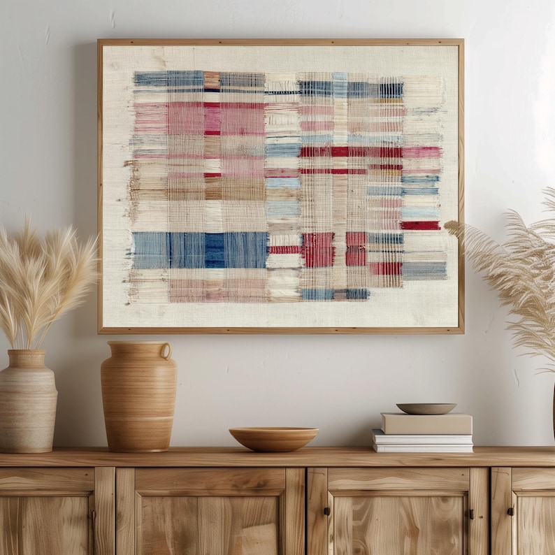 Abstract stitch printable picture for nursery — soft coastal palette with handmade fabric texture