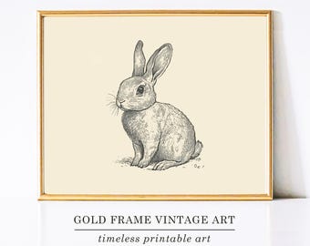 Rabbit Wall Art Printable, Neutral Cottagecore Nursery Wall Decor Digital Print, Downloadable Antique Woodland Animal Wall Art, Bunny Sketch