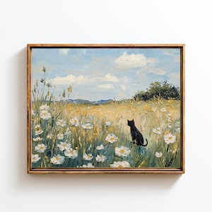 May include: Oil painting of a black cat in a field of white daisies and tall grass. The artwork is framed in a wooden frame. The background features a blue sky with clouds and a distant landscape.