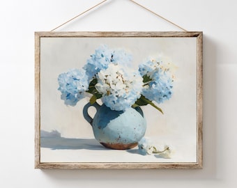 Estampado de hortensia azul pastel, pintura al óleo, decoración floral para el hogar, estilo rústico francés, arte mural botánico imprimible, flores blancas