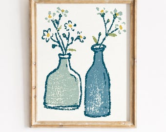 Rustic Doodle Wildflower Vases, Printable Wall Art, Vintage Cottage Flowers, Blue Teal Bottles, Farmhouse Decor, Digital Print Download