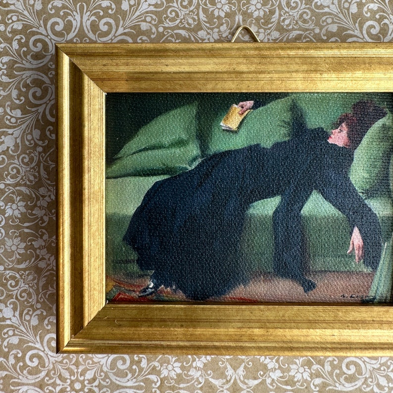 Mini Print of Small Oil Painting Framed Canvas Prints Vintage Art Print Woman Green Sofa Wall Decor Small Gold Frame Handmade Gift for Her Bild 3