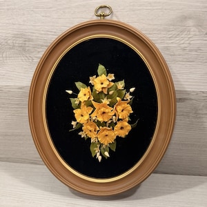 3D Floral Shadow Box Oval Frame Black Velvet Yellow Flowers Cottagecore Vintage