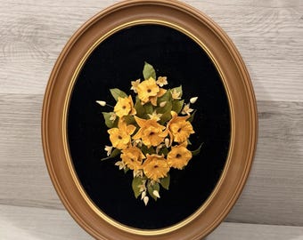 3D Floral Shadow Box Oval Frame Black Velvet Yellow Flowers Cottagecore Vintage