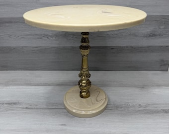 Brass Stem Beige Pedestal Table Plant Stand 18in Hollywood Regency MCM Neoclassi
