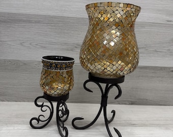 Gold Mosaic Glass Candle Holders Set 2 Iron Stands Boho Decor