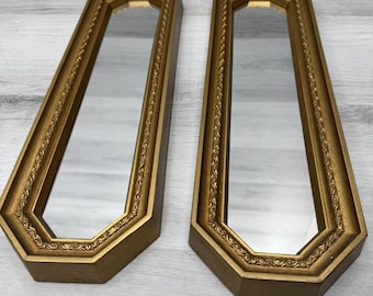 Gold Wall Mirrors Pair Hollywood Regency Narrow Accent Mirrors 17" VTG