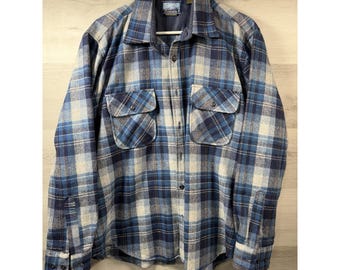 Field Master Wool Flannel Shirt Mens L Blue Plaid Lined Hunting VTG