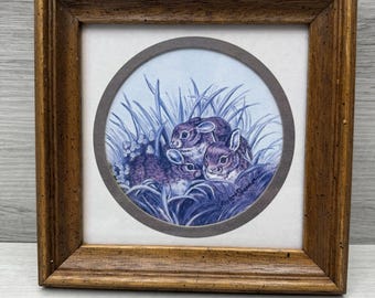 Konijn print ingelijste wildlife kunst kinderkamer Cottagecore decor gesigneerd VTG