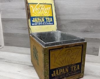 Caja de madera para té Van Roy Japan antigua y rara, con forro y etiqueta original.