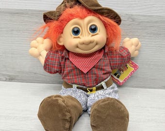 Russ Troll Cowboy NWT Buckaroo Farmer Orange Hair Soft Body 13" Plush Doll
