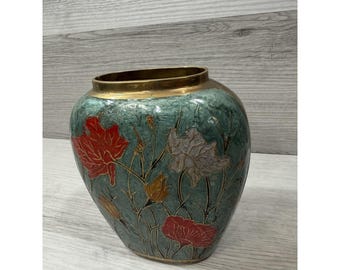 Solid Brass Polychrome Painted Lotus Vase Teal Gold Floral MCM 6"