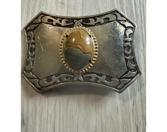 Picture Jasper Belt Buckle Vtg Western Two Tone Gold Silver Scroll Cutout