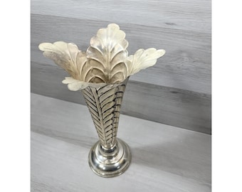 Jarrón Art Déco plateado con forma de trompeta, diseño de hojas de acanto, borde acampanado y base, 35,5 cm (14").